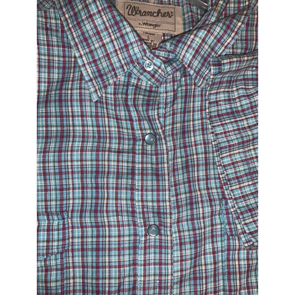 Women's L Blue Pink Sparkle plaid Wrancher Wrangler Short Sleeve Pearl Snap - Picture 6 of 16